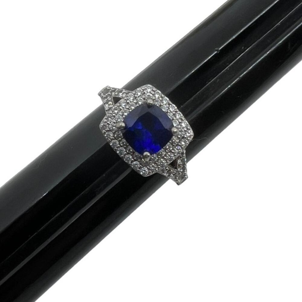 Sterling Silver 925 Simulated Blue Sapphire Halo Ring Art Deco Style Size 6.75